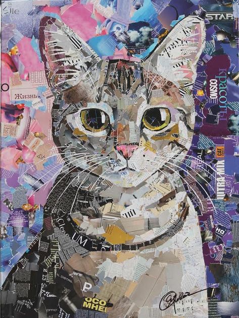 Cat Collage, Collage Portrait, Creation Art, Posca Art, Collage Art Projects, Paper Collage Art, Magazine Collage, Animal Quilts, Cat Quilt