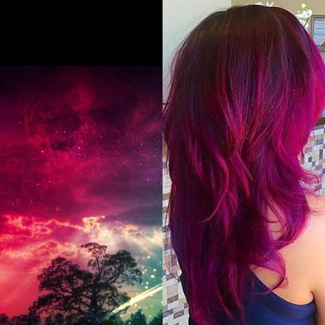 Magenta Plum Hair Color, Midnight Magenta Hair, Fushia Hair Color Magenta, Black And Magenta Hair, Wild Orchid Hair Color, Magenta Purple Hair, Wild Orchid Hair, Long Layer Cut, Orchid Hair Color