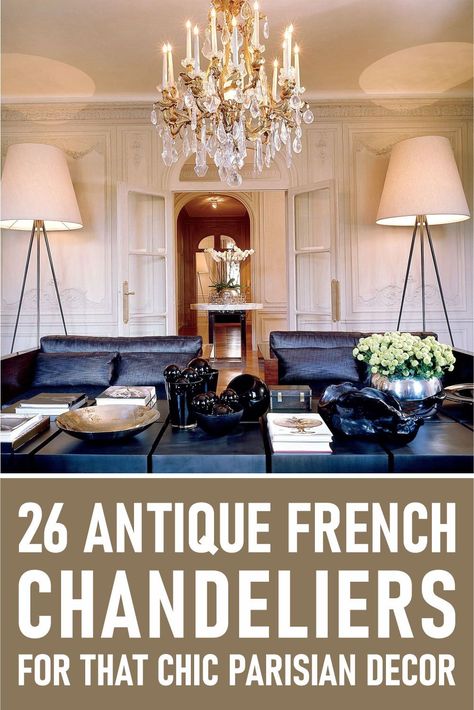 One of the most defining parts of a French home is a Parisian chandelier—an effortlessly elegant and chic addition in a single investment. Going with the antique version adds its value more, although it’s optional. #frenchdecoration #chandelier #lighting #frenchchandelier French Chandelier Living, French Antique Chandelier, French Style Chandeliers, French Chandelier Dining Room, Paris Apartment Interiors French Style, Parisian Lighting, Parisian Chandelier, European Chandelier, Paris Apartment Interiors