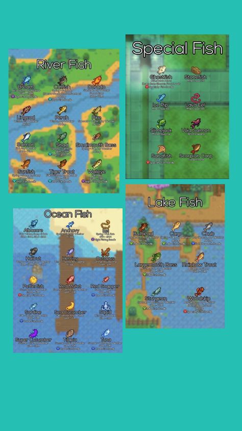 Fishing Guide Stardew, Stardew Fishing, Fishing Stardew Valley, Smallmouth Bass, Ocean Fishing, River Fishing, Fishing Guide, Catfish, Carp