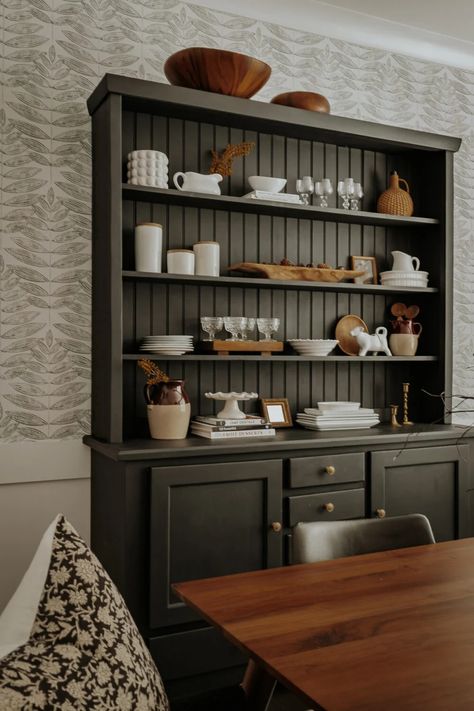 Rust Colored Hutch, Hutch For Dining Room, How To Style A Dining Room Hutch, Hutch Ideas Decorating, Hutches In Dining Rooms, Dining Room Cabinet Styling, Dining Room Timeless, Dining Room Hutches, Decorate Hutch Ideas