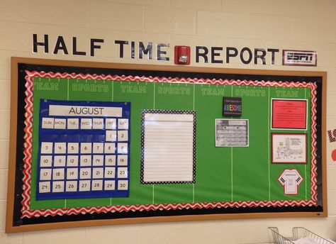 Sports Bulletin Boards, Focus Boards, Middle School Classroom Decor, Sports Theme Classroom, Team Theme, Math Classroom Decorations, Sports Classroom, Classroom Tour, School Displays