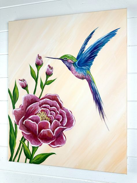 Hummingbird and Peony Painting Tutorial with Traceables - Emily Seilhamer Art Humming Bird Painting Acrylics Easy, Humming Bird Painting Acrylics, Painting Acrylics Easy, Bird Painting Acrylic, Hummingbird Painting, Wet N Wild Makeup, Peony Painting, Flower Outline, Acrylic Craft Paint