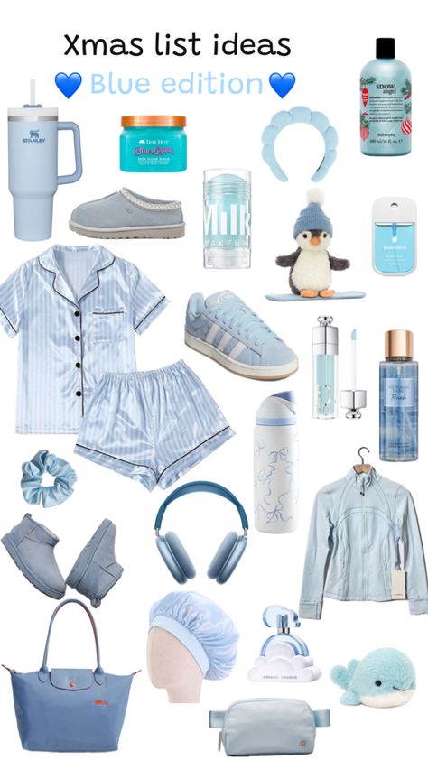 Perfect christmas list (all blue items edition) for teenage girls , christmas 2024 vibess Teen Girl Christmas List 2024, Christmas Ideas For Teenage Girl, Teen Girl Christmas List, Teen Essentials, Christmas List 2024, Christmas List Ideas Teenage Girl, Xmas List Ideas, Girly Christmas Gifts, Cute Christmas Ideas