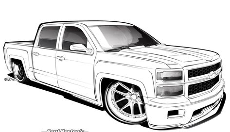 Chevy Lowrider Trucks, Trucks Drawing, Truck Coloring Pages Free Printable, Drawings Of Cars, Truck Outline, Lowrider Drawings, Truck Drawings, Truck Drawing, Cartoon Car Drawing