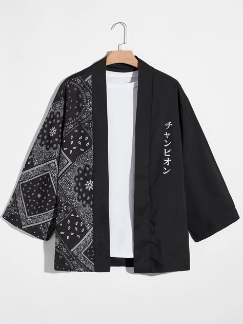 Men Japanese Letter & Scarf Print Kimono Without Tee | SHEIN USA Japanese Letter, Male Kimono, Mode Kimono, Casual Kimono, Casual Long Sleeve Shirts, Japanese Streetwear, Print Kimonos, Kimono Cardigan, Asian Style