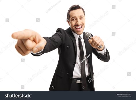 Cheerful man in a suit pointing towards the camera and holding a microphone isolated on white backround #Ad , #ad, #pointing#camera#suit#Cheerful Person With Microphone Reference, Person Pointing At Camera, Pointing At Camera Reference, Person Pointing Reference, Man Holding Microphone, Man With Microphone, Holding Microphone Reference, Person Holding Camera, White Backround