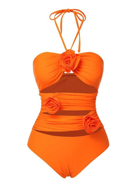 Orange Red 1950s Halter 3D Flower One-Piece Swimsuit | Retro Stage