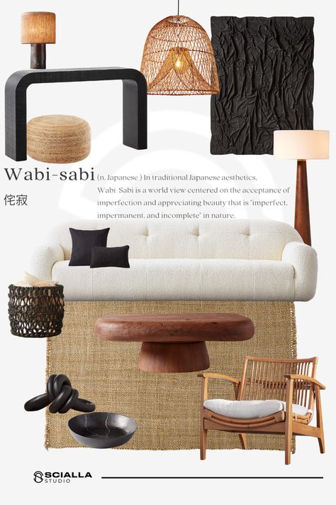 Wabi-sabi interior moodboard by Scialla Studio Style Board Interior Design, Wabi Sabi Mood Board Interior Design, Minimalist Mood Board Interior Design, Wasabi Interior Design, Interior Mood Board Ideas, Wabi Sabi Living Room Interior Design, Wabi Sabi Moodboard, Wabi Sabi Mood Board, Wabi Sabi Office