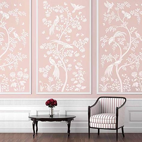 Amazon.com: Birds and Roses Chinoiserie Wall Mural Stencil - DIY Asian Garden Decor - Reusable stencils for Home Makeovers (Large): Home & Kitchen Chinoiserie Stencil, Chinoiserie Mural, Mural Stencil, Large Wall Stencil, Wallpaper Stencil, Stencil Painting On Walls, Diy Wand, Deco Rose, Chinoiserie Wall