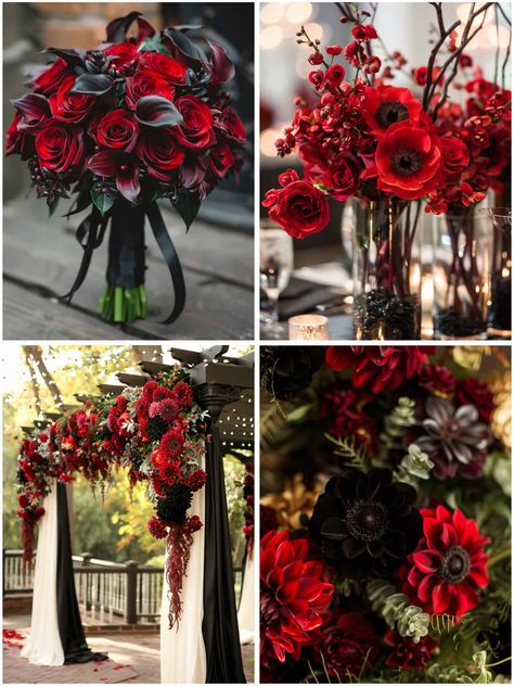 Red And Black Wedding Ideas On A Budget, Goth Beach Wedding, Black And Red Themed Wedding, Black Wedding Theme Ideas, Red And Black Wedding Theme, Black Red And White Wedding, Black Wedding Theme, Christmas Banquet, Black Red Wedding