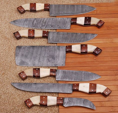 7pieces Hand forged Damascus Steel Chef knife Kitchen Knives | Etsy Damascus Chef Knives, Chef Knife Set, Damascus Knife, Santoku Knife, Knife Set Kitchen, Knife Handles, Bread Knife, Leather Sheets, Wood Patterns