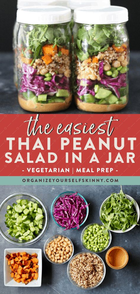 Pesto Mason Jar Salad, Salad In Jar, Thai Peanut Dressing, Thai Peanut Salad, Mason Jar Meal Prep, Mason Jar Lunch, Salad Jar Recipe, Peanut Salad, Jar Meals