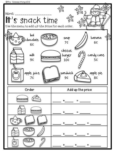 Winter math and literacy activities and worksheets for elementary - Grade 1. Teaching first grade classroom with awesome printables. The pack contains tons of Worksheets For 1st Grade, Money Math Worksheets, Fun Math Worksheets, Summer Worksheets, First Grade Math Worksheets, Money Math, Homeschool Worksheets, Money Worksheets, First Grade Worksheets