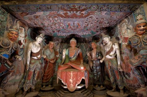 Buddha surrounded by Luohans at the Mogao Grottoes, on Mingsha Mountain in Dunhuang. Mogao Grottoes, Dunhuang, Comic Books, Spirituality, Comics