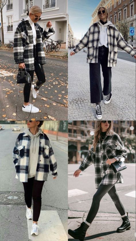 Sweatshirt And Jacket Outfit, Outfit Sobrecamisa, Plade Shirts Outfit Winter, Sobrecamisa Mujer Outfit, Plaid Collared Shacket For Fall, Outfit Sobrecamisa Beige, Cozy Plaid Long Sleeve Shacket, Outfits Leggins, Outfits With Striped Shirts