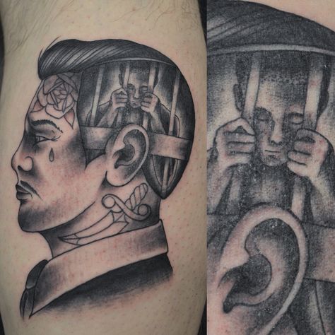 Prison in the mind tattoo by Susie Humphrey Prison Bars Tattoo, Prisoner Tattoo, Prison Style Tattoos, Jail Tattoos, Mind Tattoo, Football Tattoo, Stomach Tattoo, Ancient Tattoo, Prison Tattoos