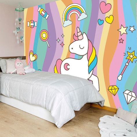 kids room design girls bedroom ideas Girls Bedroom Ideas Wallpaper, Bedroom Ideas Wallpaper, Kids Room Decoration Ideas, Rainbow Decor Bedroom, Girls Bedroom Paint, Girls Bedroom Themes, Playroom Mural, Rainbow Bedroom, Unicorn Room Decor