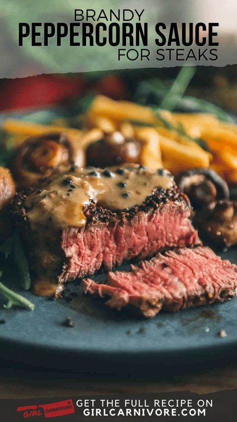 This savory peppercorn sauce is perfect for filets or other lean steaks that benefit from a mouthwatering sauce. It's quick and easy to make. This is the perfect creamy steak sauce to serve for an elevated date night dinner! Save this delicious recipe! Creamy Steak Sauce, Peppercorn Sauce For Steak, Creamy Steak, Peppercorn Sauce Recipe, Pan Seared Filet Mignon, Peppercorn Steak, Sauce For Steak, Brandy Sauce, Beef Tenderloin Roast