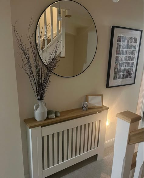 Entryway Ideas With Radiator, Radiator Cover Hallway, Hallway Radiator Cover Decor, Radiator Cover Styling, Radiator Cover Decor, Hall Ways Ideas Narrow, Hallway Radiator Cover, Radiator Cover Ideas, Hall Ways Ideas