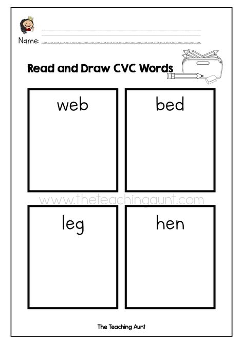 Have your little one practice reading and drawing through these free preschool printable- Read and Draw CVC Words Worksheets! These kindergarten worksheets are easy and straightforward to use. Not to mention fun! Each page comes with four boxes. And there`s a CVC word in each box.  All your child needs to do is read the CVC word and draw a picture based on what he has read. #homeschooling #preschool #kindergarten #cvcwords #preschoolworksheets #freeprintable Phonics Worksheets Free, Cvc Worksheets, Cvc Words Worksheets, Homeschooling Preschool, Vowel Worksheets, Cvc Word Families, Draw A Picture, Letter Tracing Worksheets, Free Preschool Worksheets