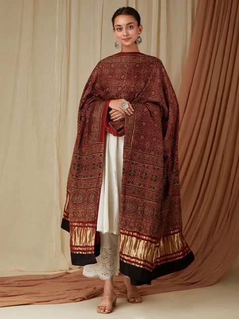 Buy Dark Brown Ajrakh Printed Modal Silk Lagdi Patta Dupatta | TLDP05/DP26SEP | The loom Modal Silk Suit Design, Ajrakh Dupatta With Kurta, Modal Silk Ajrakh Kurti, Modal Silk Kurti Designs, Lagdi Patta Dupatta, Ajrakh Kurta Designs, Modal Silk Dupatta, Brown Dupatta, Ajrakh Dupatta