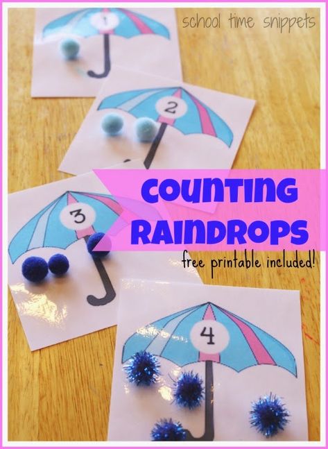 Counting Raindrops Math Activiity: Work on 1:1 Correspondence and Counting 1-10 with this free printable Weather Lesson Plans, Weather Activities Preschool, Weather Lessons, Preschool Weather, Preschool Counting, Weather Theme, Spring Preschool, Weather Activities, Math Printables