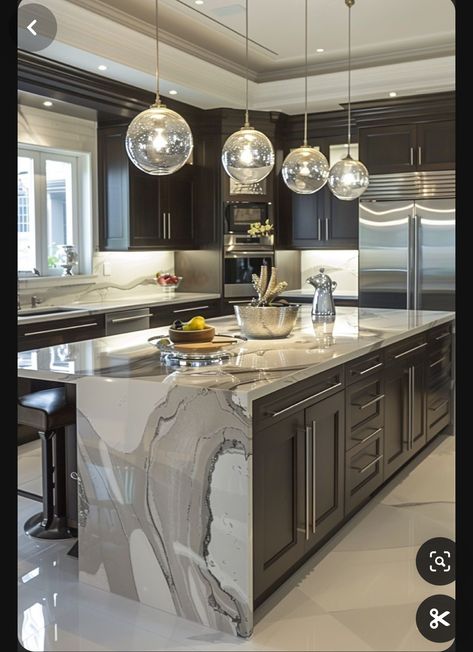 Waterfall Marble Island, Luxury Kitchen Design Modern Islands, Kitchen Interior Design Modern Luxury, Waterfall Kitchen Island, Smart Kitchen Technology, Luxury Kitchen Design Modern, Awesome Kitchens, Waterfall Island Kitchen, Luxury Kitchen Island