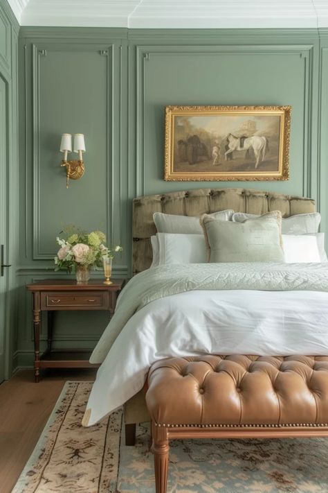 23 Relaxed Sage Green Bedroom Ideas To Recreate - She Be Thriving Sage Green Bedroom Ideas, Light Green Bedrooms, Green And White Bedroom, Green Bedroom Ideas, Moody Green, Sage Green Bedroom, Bedroom Colour Palette, Victorian Bedroom, Boho Style Bedroom