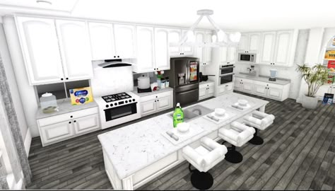 Bloxburg Kitchen Ideas Black People, Bloxburg Bathroom Mirror Decals, Big Kitchen Bloxburg, Realistic Bloxburg Kitchen, Kitchen Bloxburg Ideas, Roblox Layout, Big Living Room Layout, Bloxburg House Interior, Bloxburg Decor