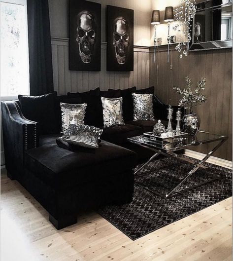 Goth Living Room, Black Sofa Living Room Decor, Black Sofa Living Room, Gothic Living Room, Black Furniture Living Room, White Living Room Decor, Dark Living Rooms, White Furniture Living Room, Glam Living Room