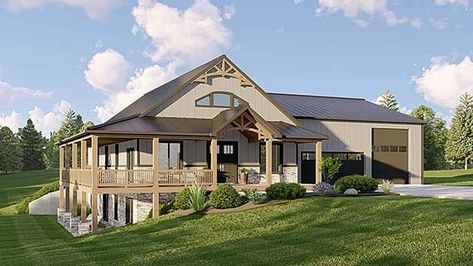 Cathedral Ceiling Kitchen, Porch French Doors, Kitchen With Large Island, Corrugated Metal Siding, Barndominium House, Ceiling Kitchen, Barn Plan, Barn Houses, Wraparound Porch