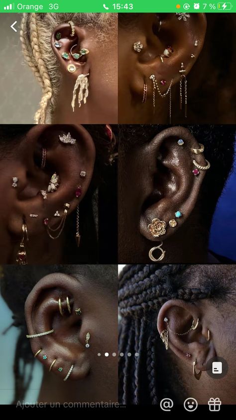 Black Woman Ear Piercings, Body Piercing Knowledge, Ear Stack Black Woman, Earring Stacks Black Women, Ear Piercing On Black Women, African Piercings, Ear Piercing Black Women, Ear Full Of Piercings, Piercing Ideas Black Women