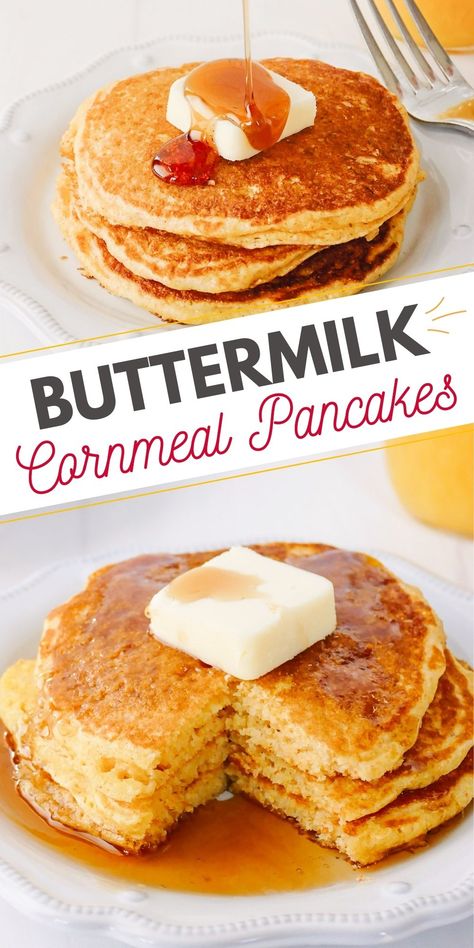 These easy cornmeal pancakes made with buttermilk and cooked in bacon grease are a unique spin on your traditional pancake recipe. Johnny Cakes are a delicious way to enjoy the great flavors of cornbread or breakfast! #CornmealPancakes #JohnnyCakes #Pancakes Johnny Cakes Recipe, Johnny Cakes, Cornmeal Recipes, Cornmeal Pancakes, Breakfast Quick, Heavenly Recipes, How To Cook Pancakes, Recipe For Breakfast, Pancakes And Bacon