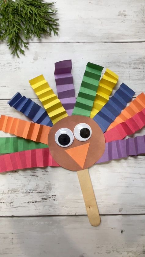 Crimped turkey puppet craft! #Thanksgiving #turkeycraft | Kids Craft Barn | Scott Dugdale · Workday Clothes Pin Turkey, November School Crafts, Turkey Clothespin Craft, Thanksgiving Turkey Hand Craft, I Am Thankful For Turkey Craft, Craft Stick Turkey, Toilet Paper Turkey Crafts For Kids, November Crafts For Elementary Kids, Turkey Crafts Kindergarten