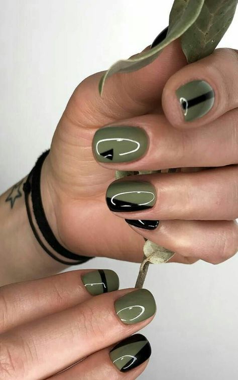 Masculine Nail Colors, Dark Green And Black Nails Short, Green Nails Men, Olive Nails Design, Men’s Manicure, Pedicure Ideas Winter, Masc Nails, Nails For Men, Male Nails