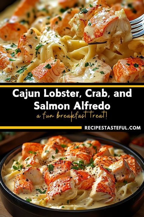 This luxurious Cajun Lobster, Crab, and Salmon Alfredo combines the rich flavors of seafood in a creamy, spicy sauce served over fettuccine. It’s a delightful meal perfect for special occasions or a cozy night in, sure to impress anyone at your table! Easy Crab Alfredo Recipe, Cajun Seafood Alfredo, Subway Seafood And Crab Recipe, Crab Pasta Recipes, Pasta Mama, Salmon Alfredo, Crab Alfredo, Shrimp With Lobster Sauce, Seafood Alfredo