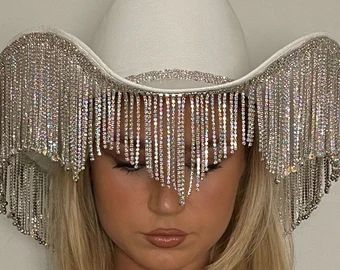 Fringe Cowboy Hat, Rhinestone Hat, Custom Cowboy Hats, Rhinestone Cowboy, Glitzy Glam, Cowboy Aesthetic, Black Cowgirl, Hat Outfit, Rhinestone Fringe