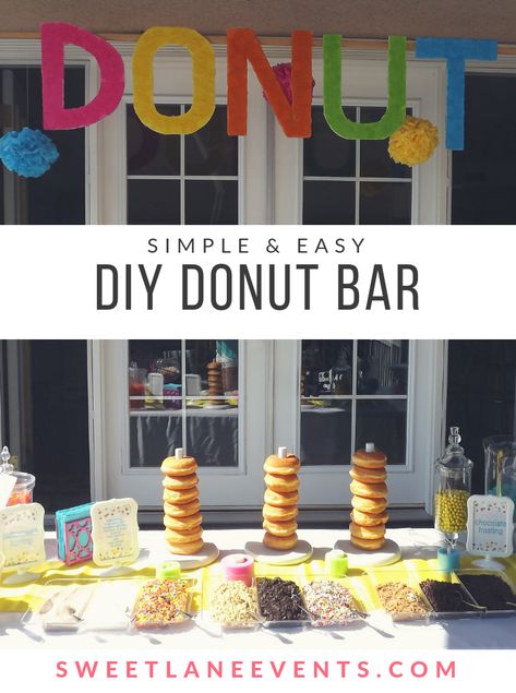 Wedding donut bar.  Set up sprinkles, crushed cookies, cereal, chocolate chips, nuts, coconut with buttercream frosting.  | wedding dessert table | snack table | food bars | Sweet Lane Events How To Serve Donuts At A Party, Birthday Doughnut Ideas, Donut Party Food Ideas, Dunkin Party, Donut Bar Ideas, Plain Donuts, Diy Donut Bar, Doughnut Bar, Hoover Board