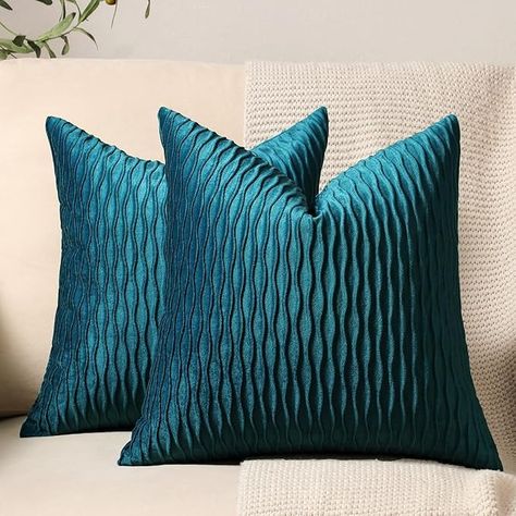 Amazon.com: DEZENE Turquoise Throw Pillow Cases 16x16: 2 Pack Inch Original Striped Velvet Square Decorative Pillow Covers for Farmhouse Couch : Home & Kitchen Dark Teal Throw Pillows, Teal Throw Pillow, Turquoise Throw Pillows, Patio Farmhouse, Farmhouse Couch, Teal Throw Pillows, Pillows Living Room, Teal Pillows, Turquoise Pillows