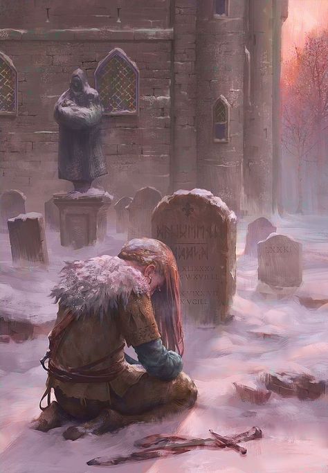 mourning character in graveyard with sword - fighter? female character inspiration / backstory concept for DnD / Pathfinder Graveyard Fantasy Art, Medieval Graveyard, Backstory Ideas, Mtg Card, 다크 판타지, Fantasy Story, 3d Drawings, Wow Art, Throne Of Glass