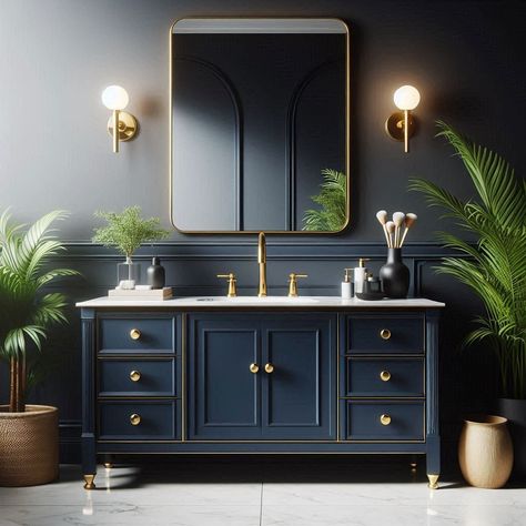 Navy Blue Bathroom Bathrooms Blue Vanity, Navy Bathroom Vanity Ideas, Dark Blue Vanity Bathroom, Navy Powder Room Ideas, Navy Powder Room, Navy Bathroom Vanity, Navy Blue Bathroom Ideas, Bathroom Brushed Nickel, Blue Bathroom Ideas