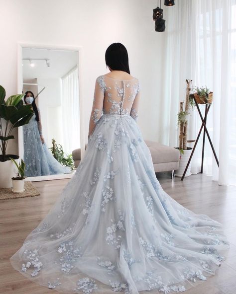 Bride Adelynn had a special request - she wanted a dusty blue gown. We designed this piece with premium laces in floral motifs. We had the… | Instagram Dusty Blue Gown, Blue Lace Wedding Dress, Blue Wedding Gowns, Gatsby Wedding, Blue Wedding Dresses, Dusty Blue Weddings, Blue Gown, The Colour, Floral Motifs