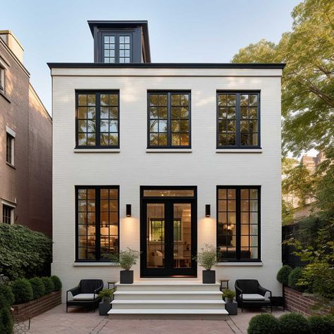 Mastering the Art of White Brick Exteriors with Bold Black Windows • 333+ Images • [ArtFacade] All White Brick House Exterior, White Brick House With Black Windows, White House Black Brick, Black And White House Exterior Modern Painted Bricks, White Brick Modern House, Modern Black Windows Exterior, Modern Townhouse Exterior, Black Frame Windows Exterior, Transitional Townhome