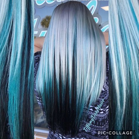 Blonde Black And Teal Hair, Dark Blue And Platinum Hair, White Hair With Color Underneath, Blonde Balayage With Blue Highlights, Winter Wonderland Hair Color, Blue Hair With Black Underneath, Blue Black Hair With Blonde Highlights, Blonde Hair Blue Peekaboo, Blue Black Blonde Hair