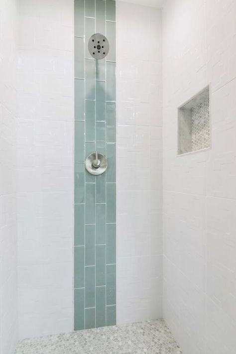 7 Glass Tile Bathroom Ideas Worthy of Your "Dream Home" Pinterest Board | Hunker Sure, you could swath your entire space in glass subway tile, or — and hear us out — go the more cost-effective route without skimping on style. For that, we love the look of a linear accent, as evidenced by this shower. Bathroom Tile Ideas Wall, Glass Tile Shower Ideas, Glass Tile Bathroom, Bathroom Shower Design, Bathroom Remodels, Glass Subway Tile, Tiny House Bathroom, Bathroom Shower Tile, House Color