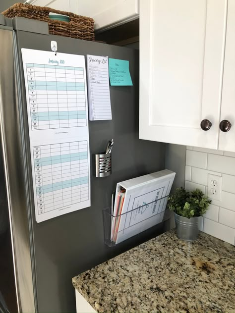 Command Center On Fridge, Command Center Small Space, Kitchen Mail Station, Countertop Command Center, House Interior Organization, Mini Command Center, Entryway Command Center Small Spaces, Pet Cabinet Organization, Command Center Countertop