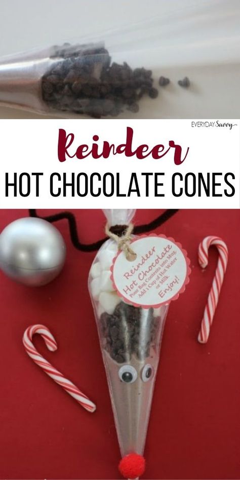 Christmas Diy Hot Chocolate Gift, Hot Cocoa Reindeer Bags Diy Christmas, Reindeer Hot Cocoa Cones, Rudolf Hot Chocolate Cones, Hot Choc Reindeer Cones, Reindeer Hot Chocolate Cones Easy Diy, Christmas Hot Chocolate Cones, Santa Hot Chocolate Cones, Candy Cane Rain Deer Craft