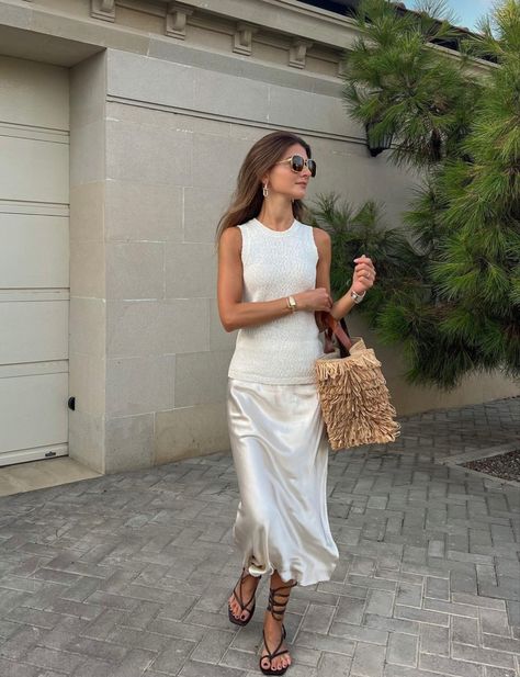 White Slip Skirt Outfit Summer, White Silk Skirt Outfit Summer, Silk Skirt Spring Outfit, Silk Skirt Summer Outfit, White Silk Skirt Outfit, Silk Skirt Outfit Summer, White Slip Skirt, Silk Skirt Outfit, Rehearsal Dinner Outfits