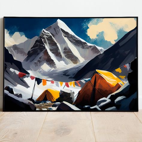 This stunning digital wall art captures the awe-inspiring beauty of Mount Everest and its base camp in a vivid and striking oil painting. The intricate details and vibrant colors of this printable art make it a perfect addition to your home or office decor. Its high-quality resolution allows you to easily print it on your home printer or take it to a professional print shop for exceptional results. This mesmerizing piece of art also makes a wonderful gift for outdoor enthusiasts. Mount Everest Painting, Everest Mountain, Mount Everest Base Camp, Wood Paintings, Everest Base Camp Trek, Everest Base Camp, Mountain Scenery, Craft Wood, Mountain Canvas